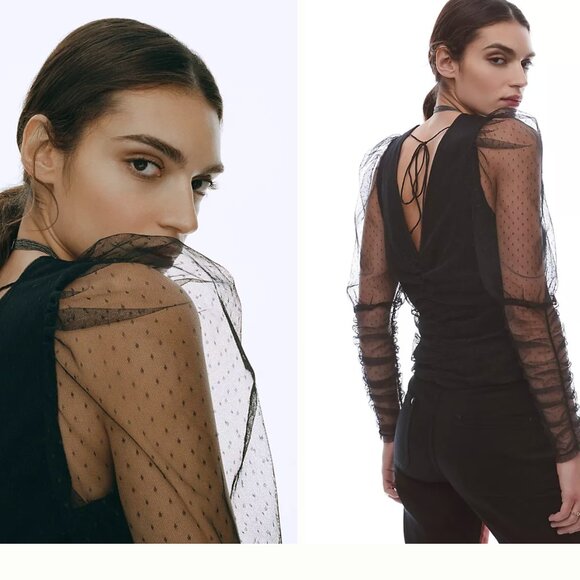 Maeve by Anthropologie | NWT Puffed Sheer-Sleeved Blouse in Black Sz. XL - Picture 3 of 13